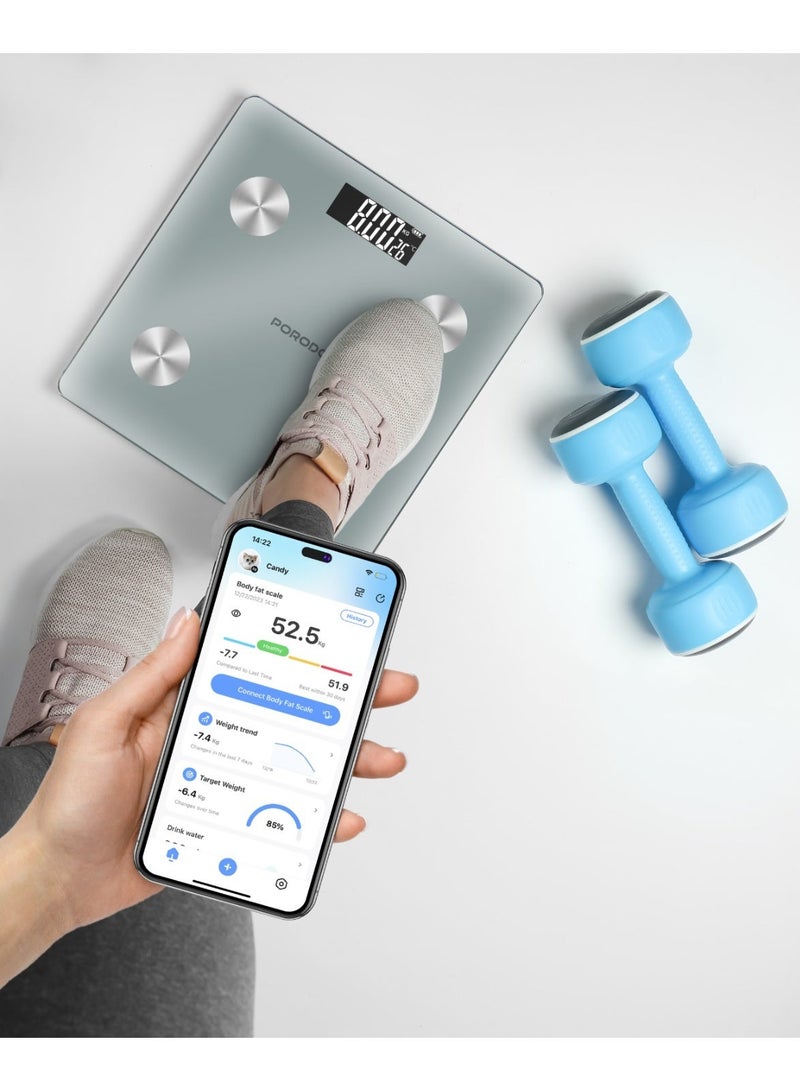 porodo Scale Gravis Smart Body Fast & BMI Scale with Bluetooth Sync & Auto On/Off / Digital Display / High precision Sensors / 180Kg Weight Capacity / 15 Body Metrics - White - Image 2